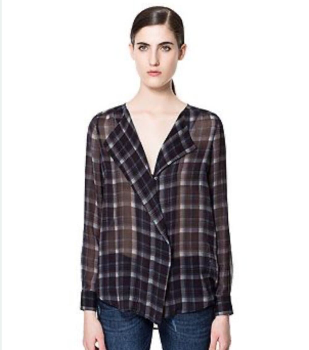 2/$15 Zara Sheer Plaid Shirt Checked Navy Blue Size S